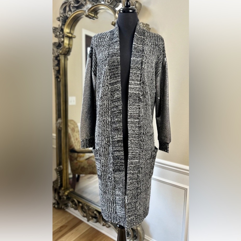 Vintage Women's Long Cozy Open-Front Cardigan Sweater Sequins Sleeves Size S/M
